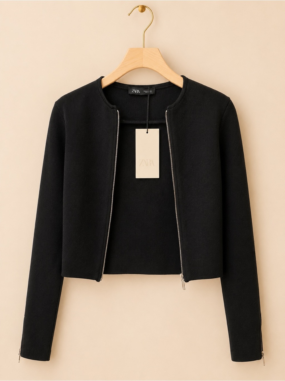 Zara Black Cropped Collarless Zip Jacket